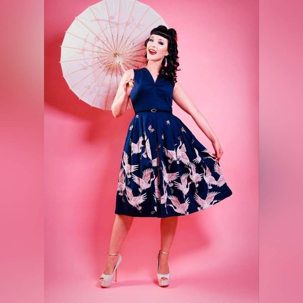 Belle Pogue Fit and Flare 50s Pin Up Croquette Vintage Crane Dress Plus Size 1X
